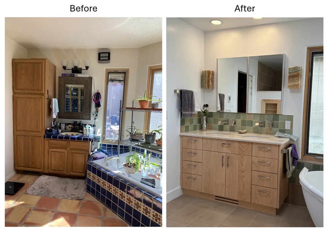 Before and after comparison of master bathroom vanity at Eldorado: old vanity and adjacent cabinet on left, new custom maple cabinetry with dual sinks and wall-mounted medicine cabinet on right.